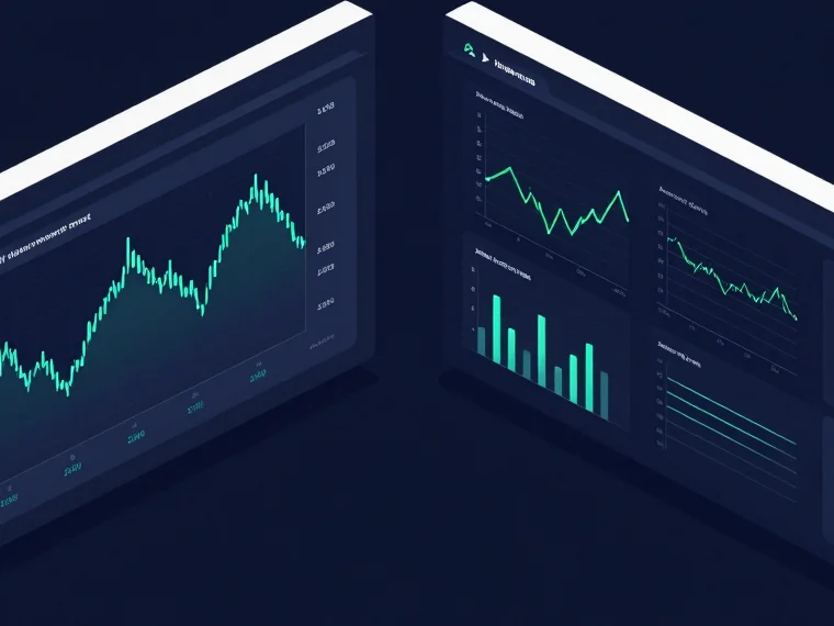 Isometric vector diagram of two financial data dashboards side-by-side, comparing metrics with clean charts and subtle e