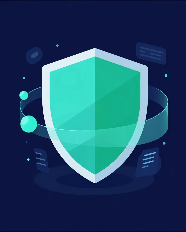 Clean isometric vector illustration of a digital security shield with abstract data flows, deep navy background, crisp c